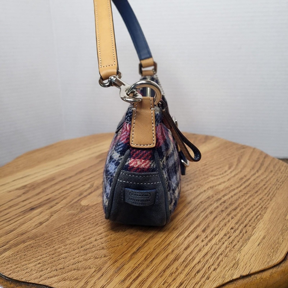 Coach Red and Navy Plaid Wool Satchel with Leather Trim - Picture 7 of 16